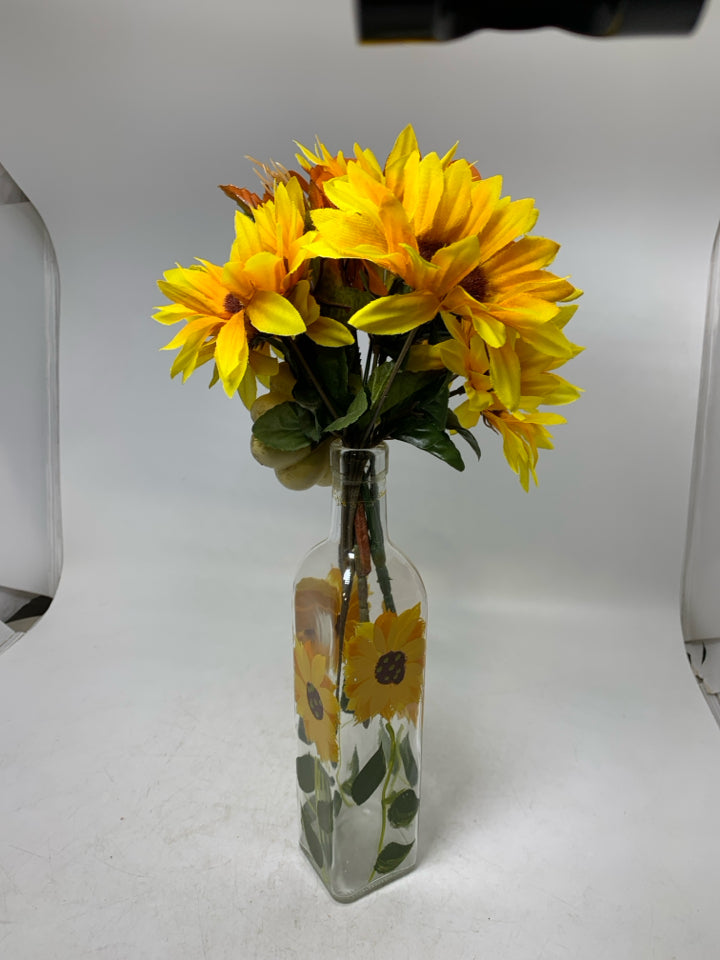 PAINTED SUNFLOWER BOTTLE VASE W/ FAUX SUNFLOWERS.