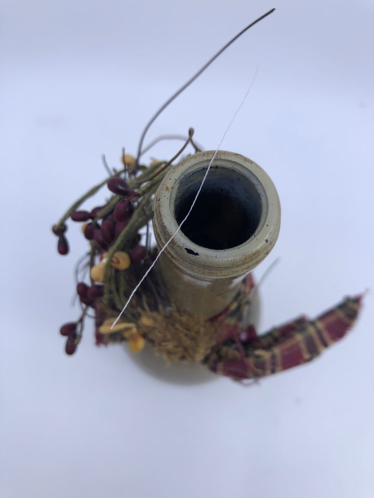 TALL PRIMITIVE BOTTLE W HEART AND PIP BERRIES.