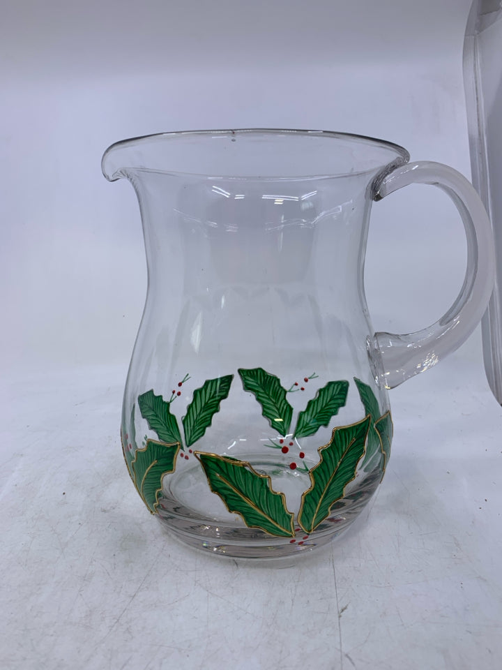CLEAR GLASS PITCHER W/ PAINTED MISTLETOE.
