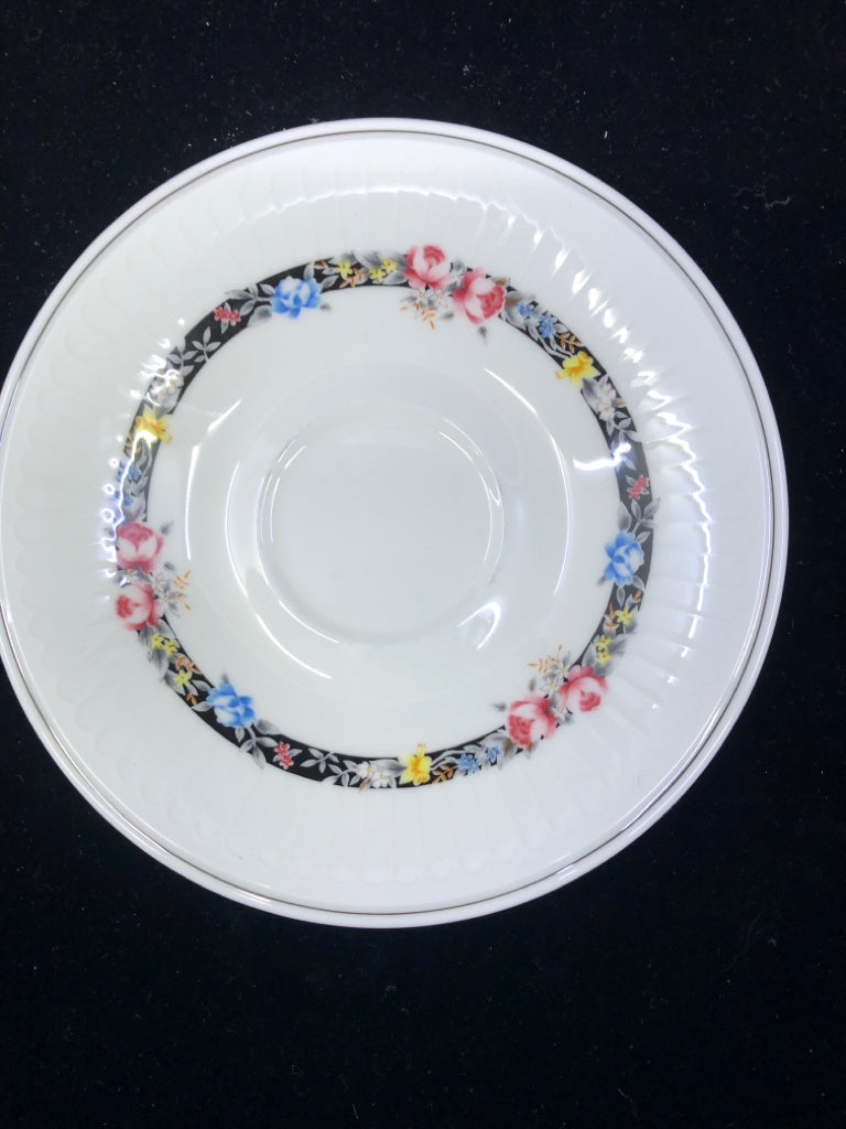 5pc WHITE W/ BLACK RIM OF FLOWERS-4 CUPS+ SAUCERS, 1 CREAMER 4".