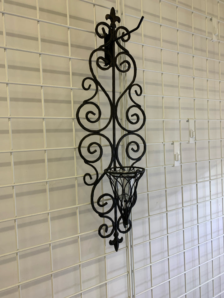 BLACK METAL SCROLL CANDLE HOLDER WALL HANGING.