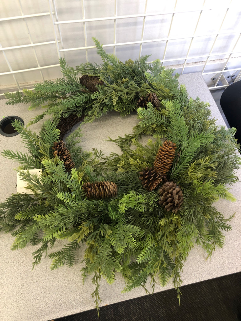 PINECONE AND FERN LEAVES WREATH.