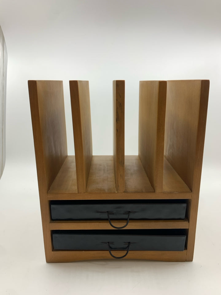 WOOD DESKTOP LETTER ORGANIZER W/2 METAL DRAWERS.