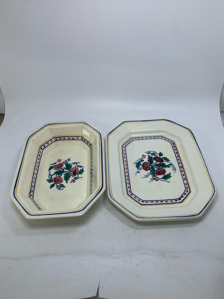 VTG 2 PC GEOMETRIC SHAPED SERVING BOWL W/ UNDER PLATE FLOWERS IN CENTER GEORGE J