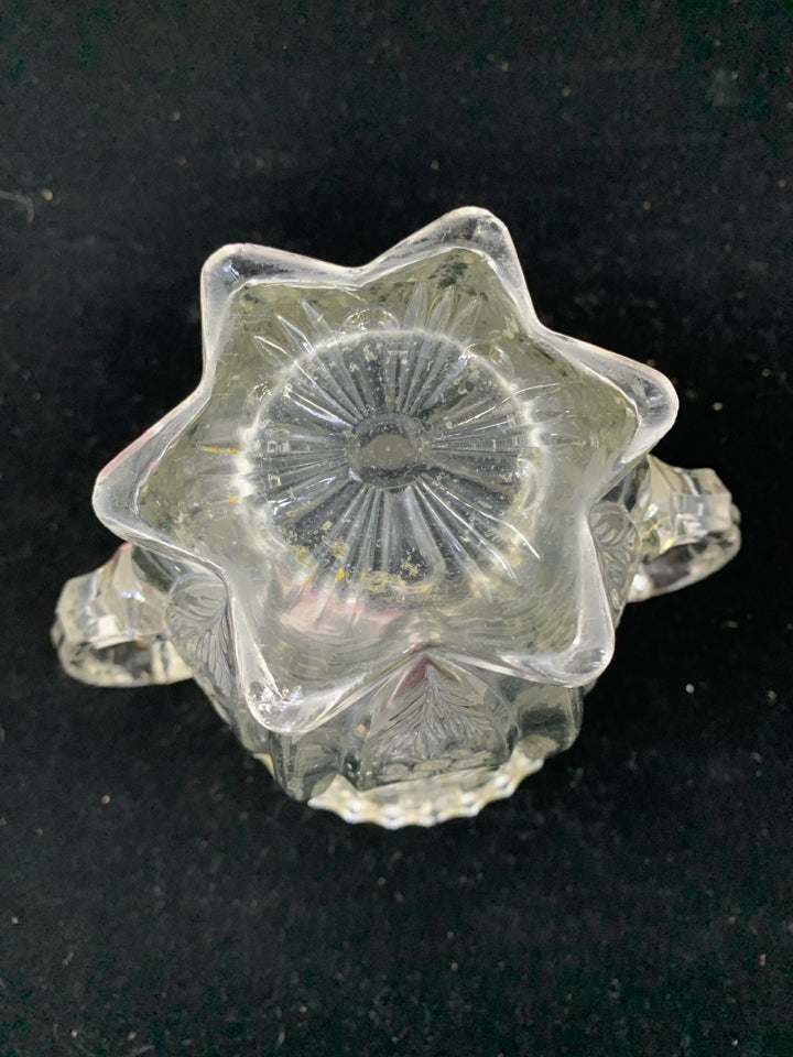 CUT GLASS VASE W/HANDLES ETCHED FLOWERS.