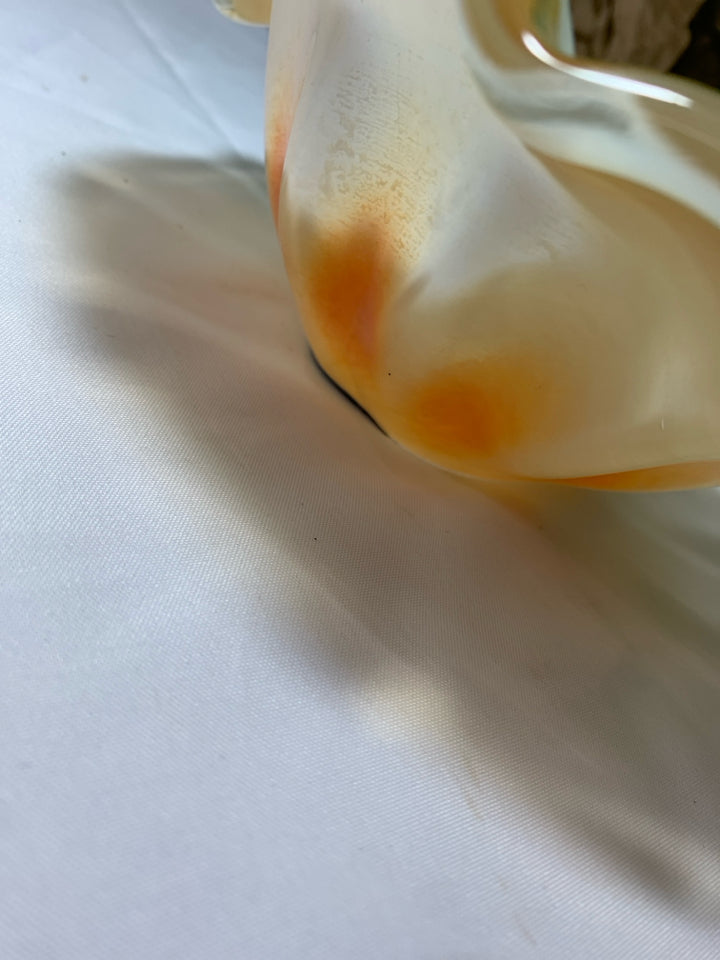 ABSTRACT GLASS BOWL W/ IRIDESCENT ORANGE OUTSIDE- WHITE CRYSTAL.