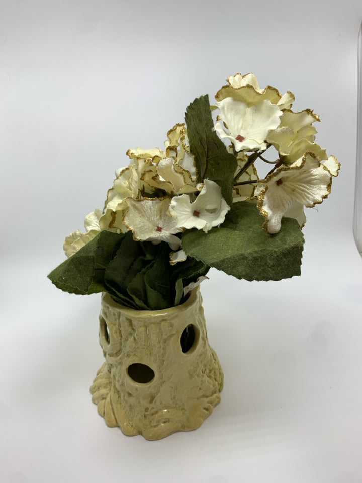 WHITE BARK VASE W/FAUX WHITE FLOWERS.