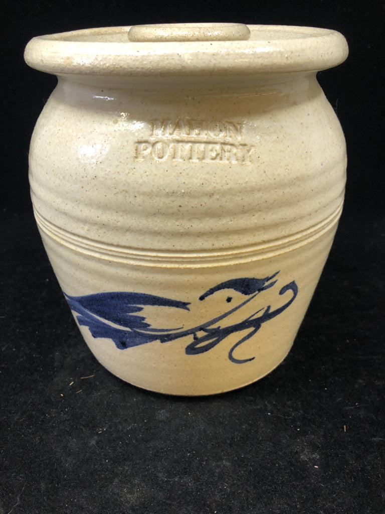 LARGE MAHON POTTERY CANISTER W/ LID.
