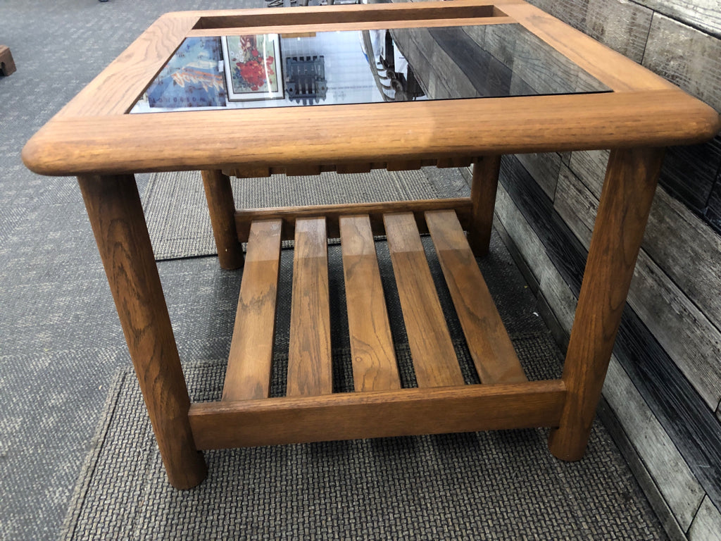 DARK STAINED WOOD SIDE TABLE W/ BUILT IN MAG RACK BLACK GLASS INSERT MERSMAN.