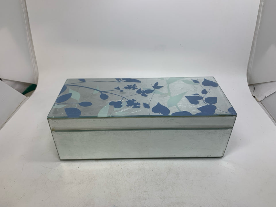 HEAVY GLASS BOX W/ BLUE LEAVES DETAILS.