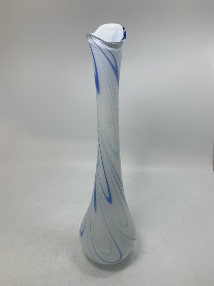 BLOWN GLASS VASE W/ BLUE DETAILS.