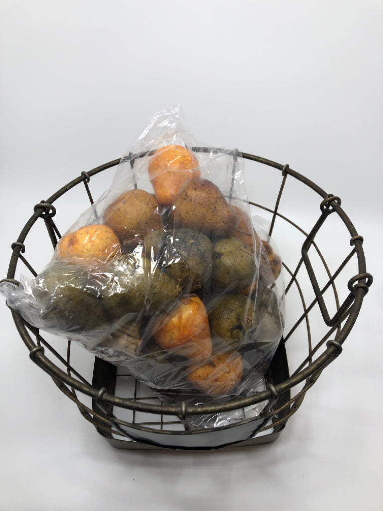 RUSTIC METAL BIN W/FAUX FRUIT IN BAG.