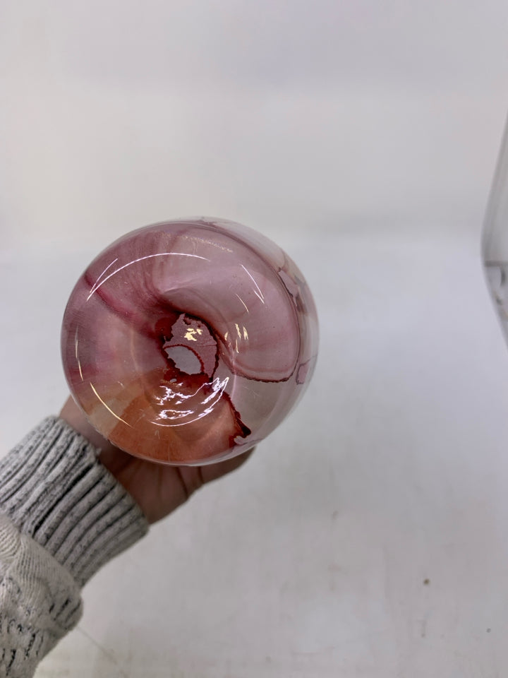 GLASS VASE W/ PRINTED PINKS LINES.