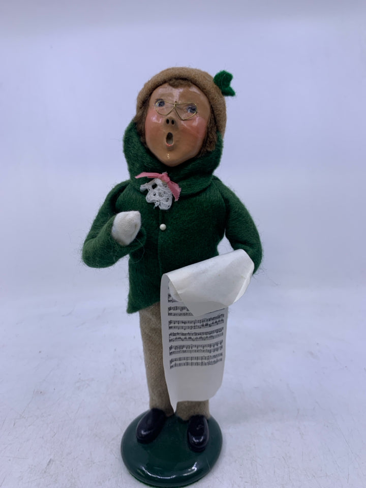 BOY CAROLER W/ GLASSES MUISC NOTES PINK BOW TIE 1992 BYERS' CHOICE.