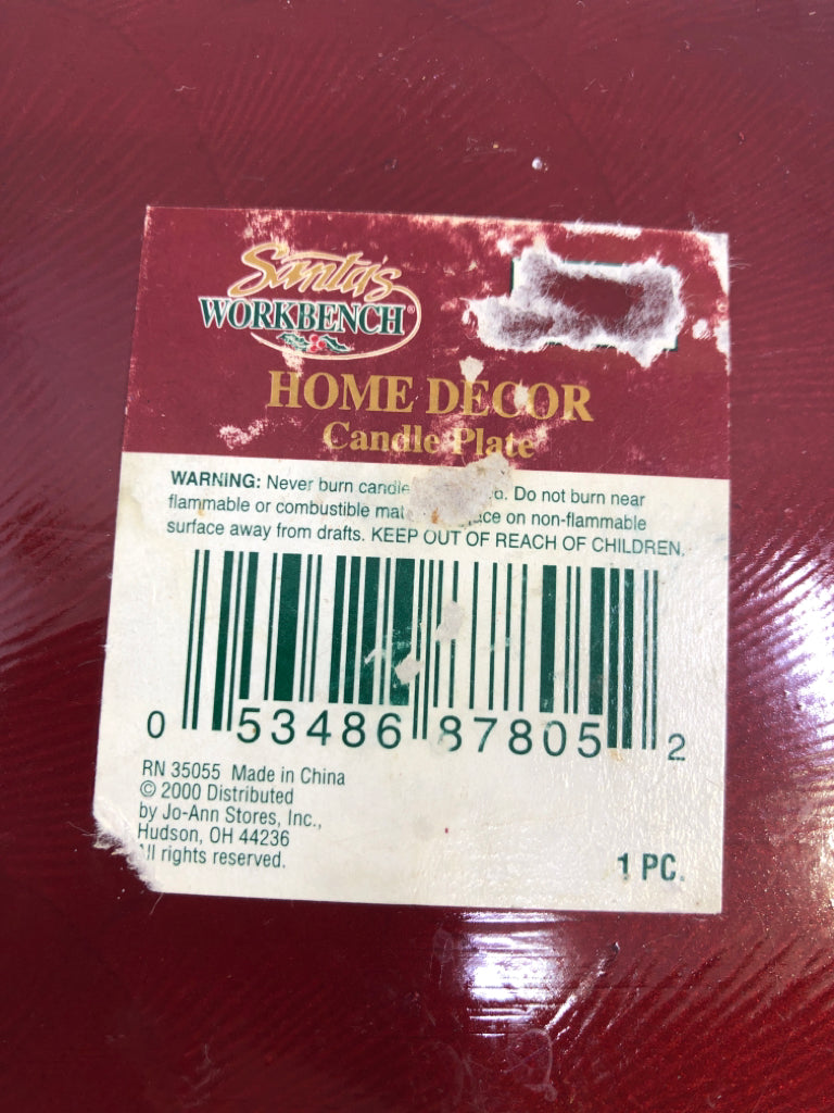 RED SQUARE CANDLE PLATE SANTAS WORKBENCH.