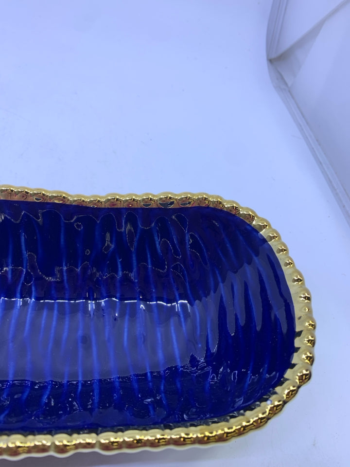 OBLONG CENTERPIECE DISH COBALT BLUE W/ THICK GOLD RIM.