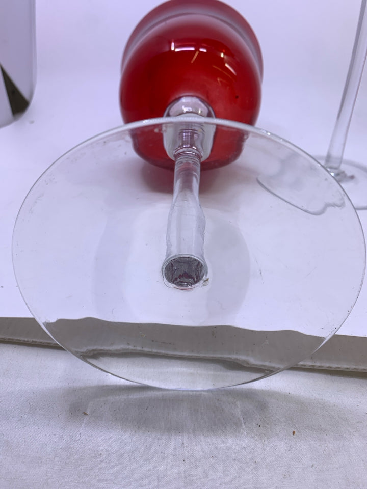 2 CLEAR GLASS STEM W/ RED GLASS TOP CANDLE HOLDERS.