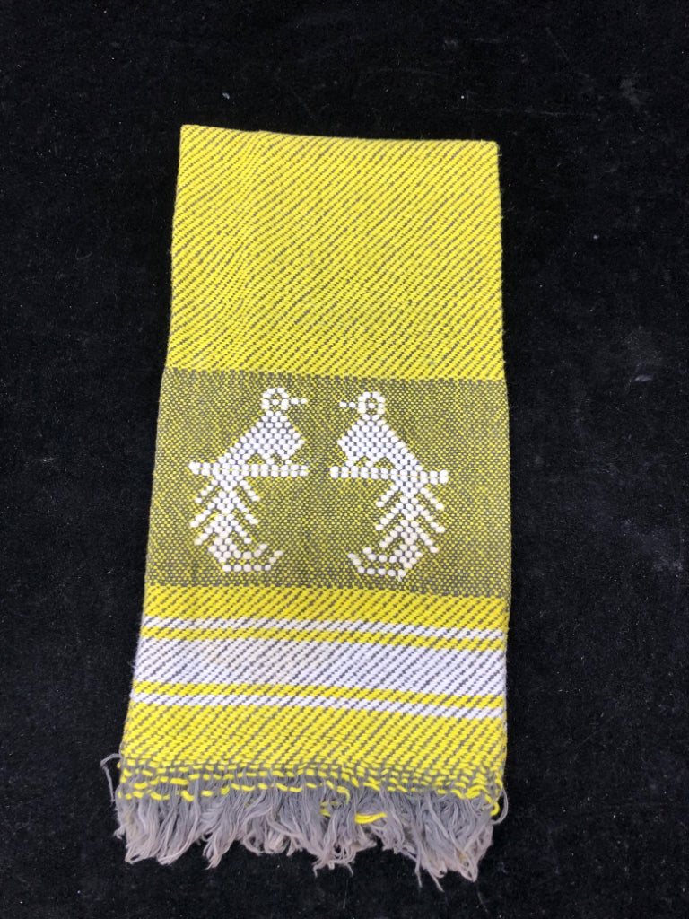 YELLOW WOVEN TEA TOWEL W/2 BIRDS.