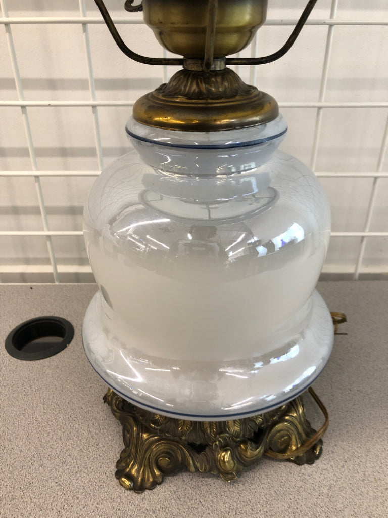 VTG BLUE ROSE MILK GLASS HURRICANE LAMP.