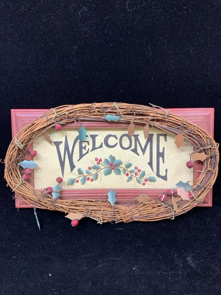 "WELCOME" WOOD FRAME HOLLY/TWIG WREATH WALL HANGING.