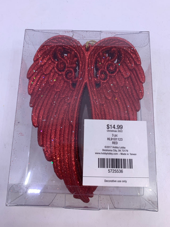 NIP 3 RED GLITTER ANGEL WINGS ORNAMENT.