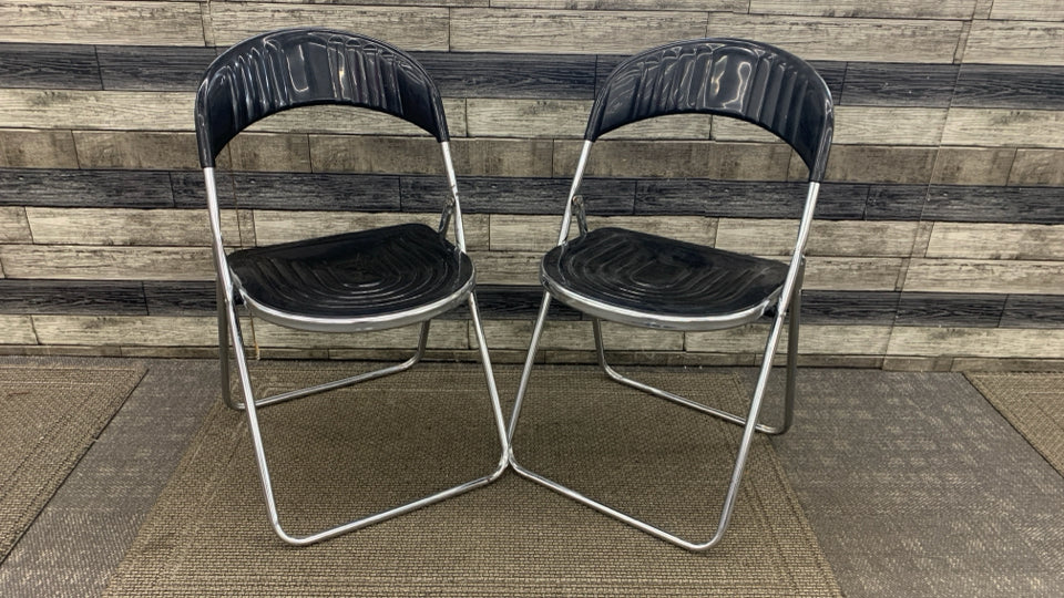 2 ITALIAN BLACK & METAL FOLDING CHAIRS.