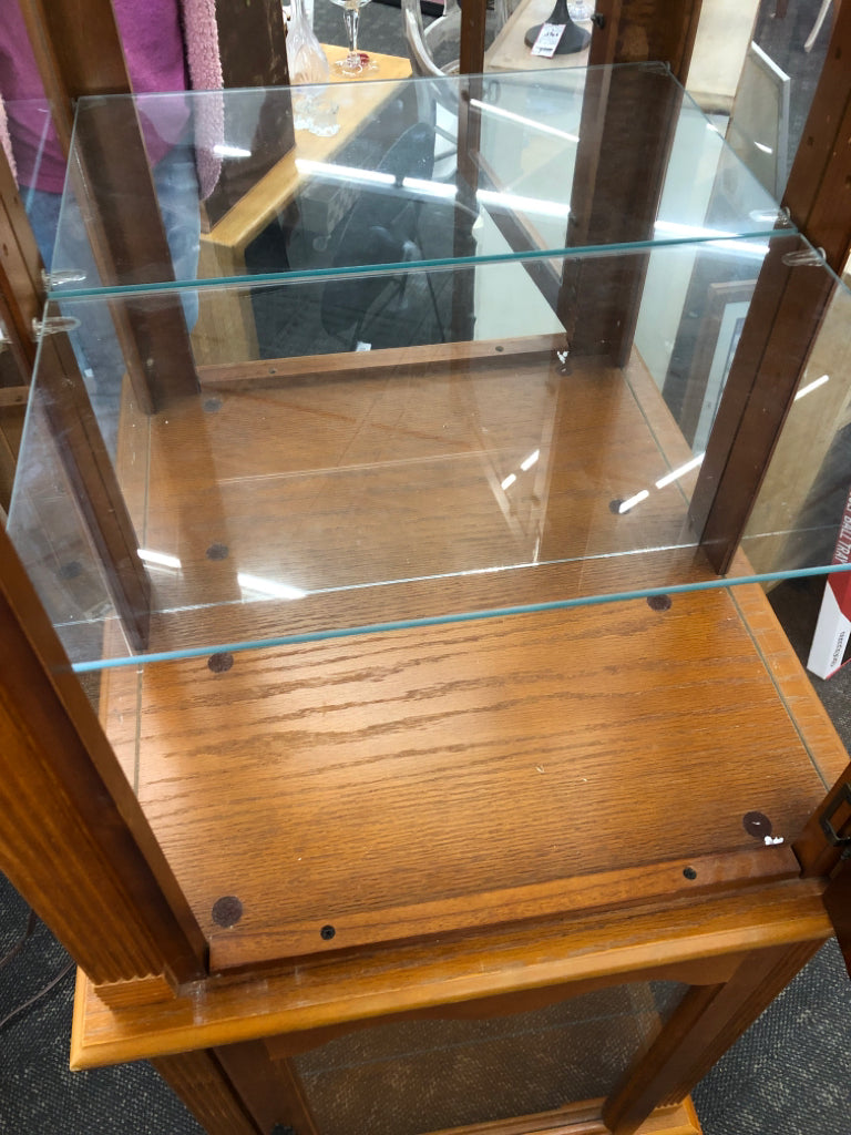 CURIO CABINET W/LIGHTS & GLASS SHELVES.