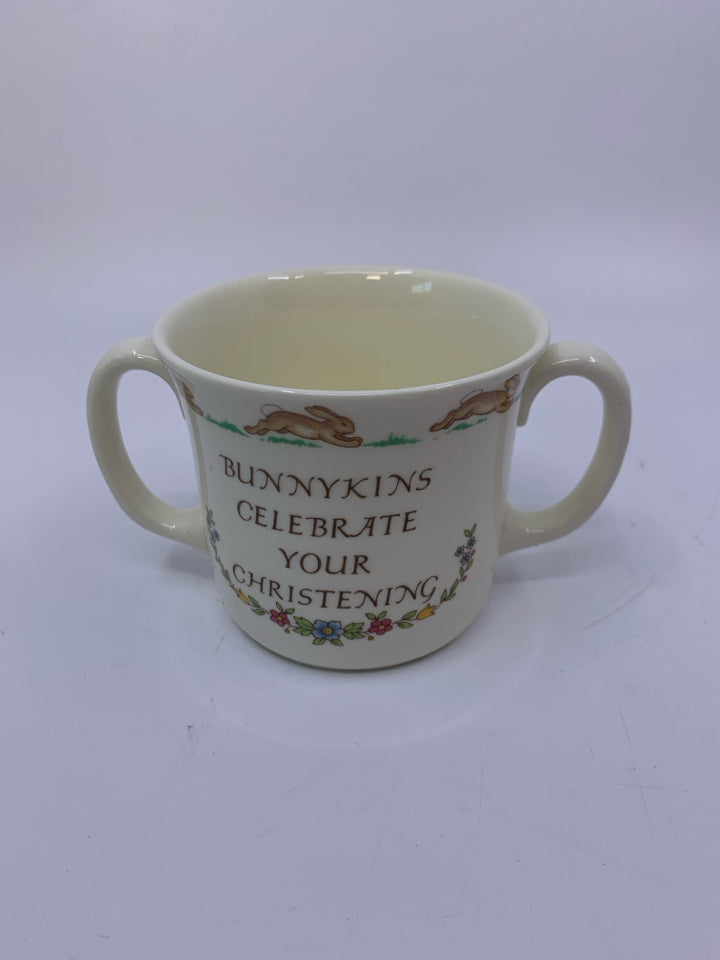 BUNNYKINS CELEBRATE YOUR CHRISTENING DOUBLE HANDLE MUG.