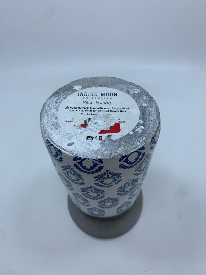 BLUE FLOWER GREY CEMENT PILLAR CANDLE HOLDER.