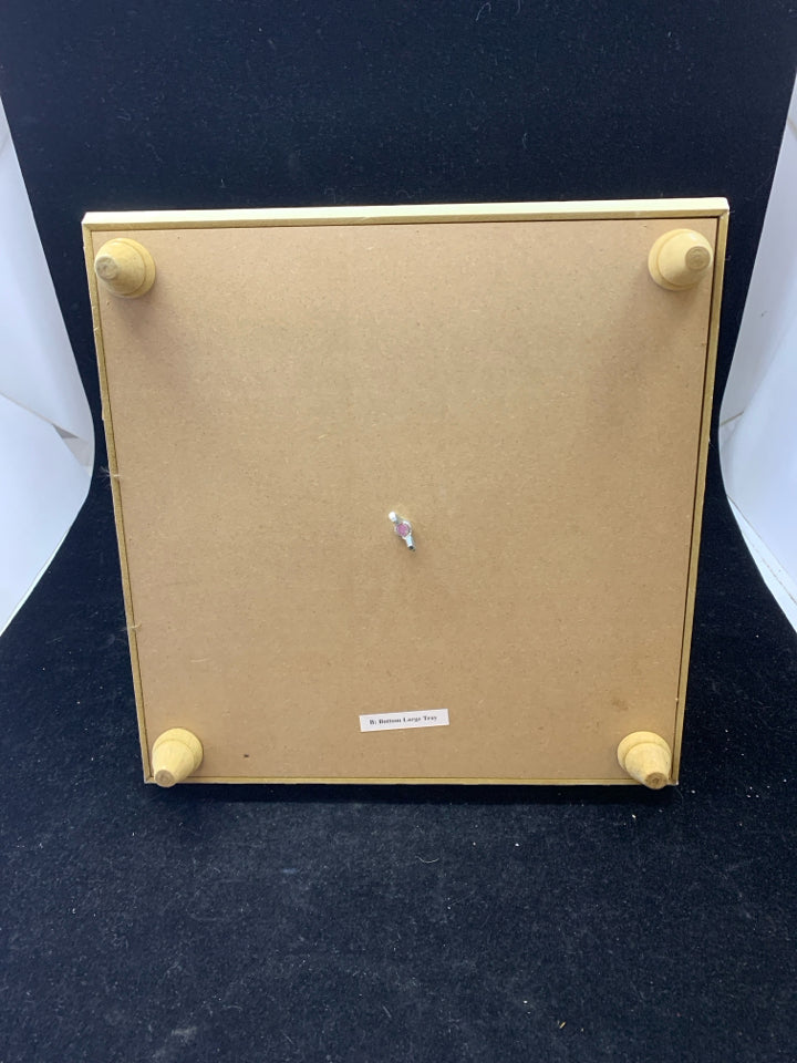 2 TIERED DISTRESSED SQUARE SERVER WITH BLACK HANDLE.