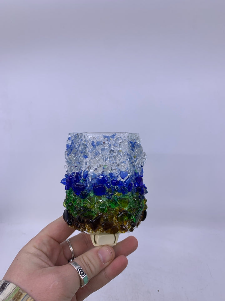BLUE,GREEN, BROWN TEXTURED FUSED GLASS.