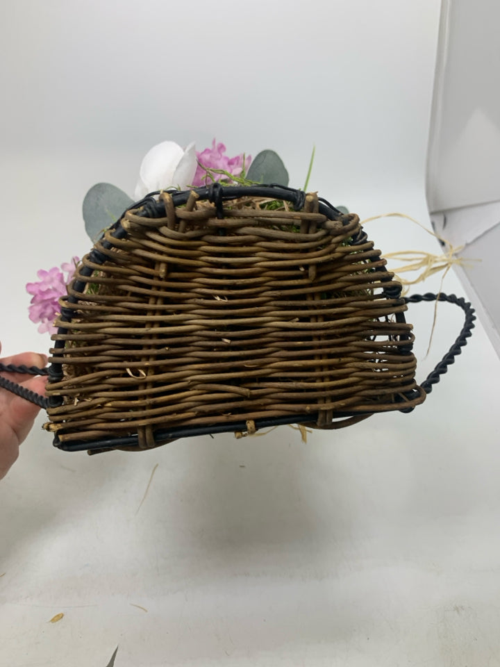 METAL SHAPED WATERING CAN W/ FAUX WHITE PURPLE FLOWERS.