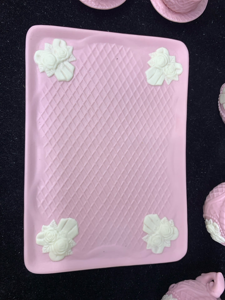 10 PC PINK/WHITE EMBOSSED MINI DECOR TEA SET.