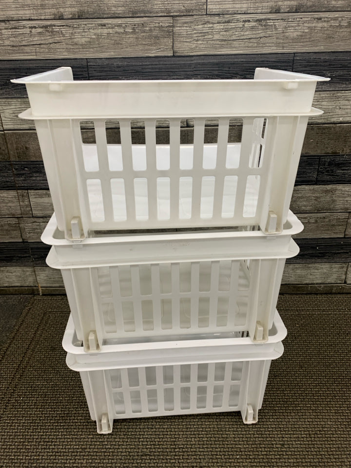 3TIER STACKING WHITE PLASTIC STORAGE BINS.