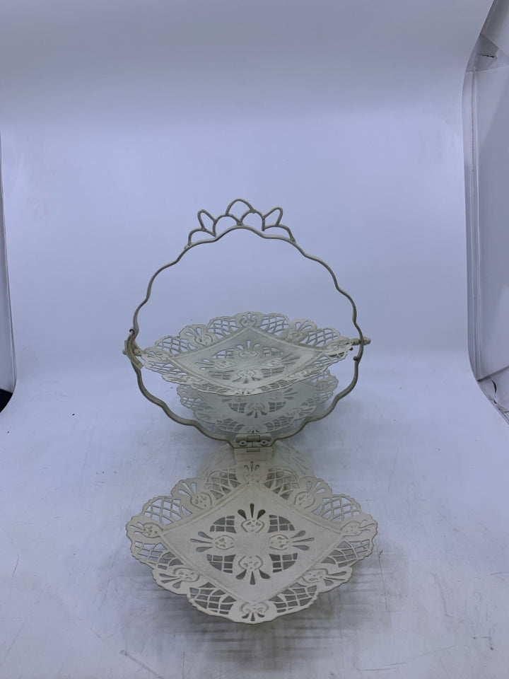 WHITE PIERCED METAL 3 TIER FOLD UP SERVING TRAY.