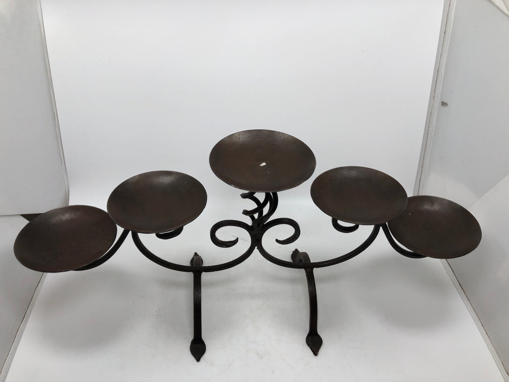 BROWN SCROLL METAL 5 SPOT PILLAR CANDLE HOLDER.