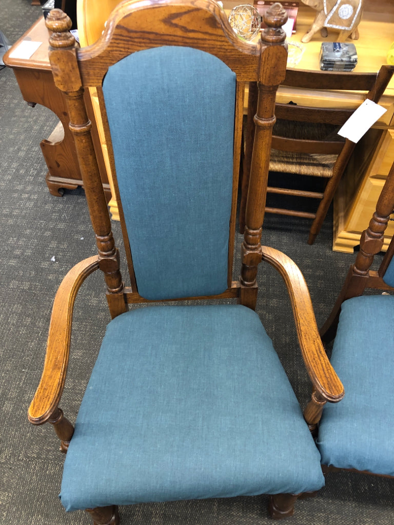 4 DARK WOOD-BLUE UPHOLSTERED DEPRESSION ERA DINING CHAIRS 2 WITH ARM, 2 WITHOUT.