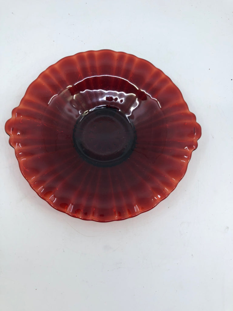 CRANBERRY GLASS SERVER W SMALL HANDLES.