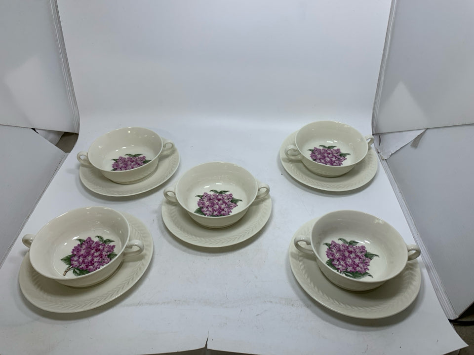 10 PC SVC 5 REGENTS PARK LILAC CREAM SOUP BOWLS W/ SAUCERS.