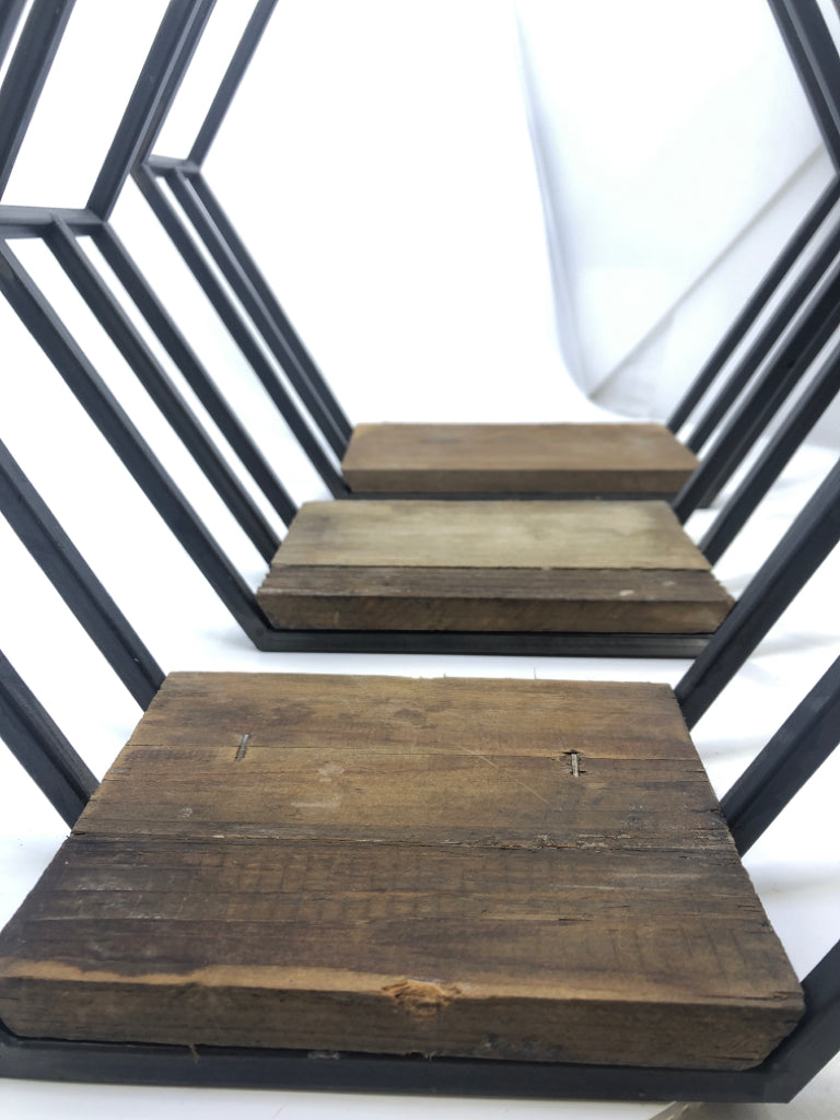 3 HEXAGON METAL + WOOD WALL SHELVES.