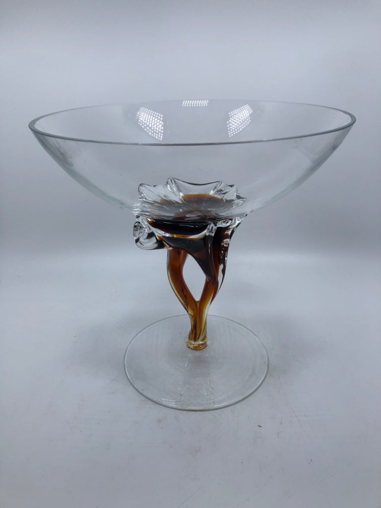 PULLED AMBER GLASS PEDESTAL BOWL.