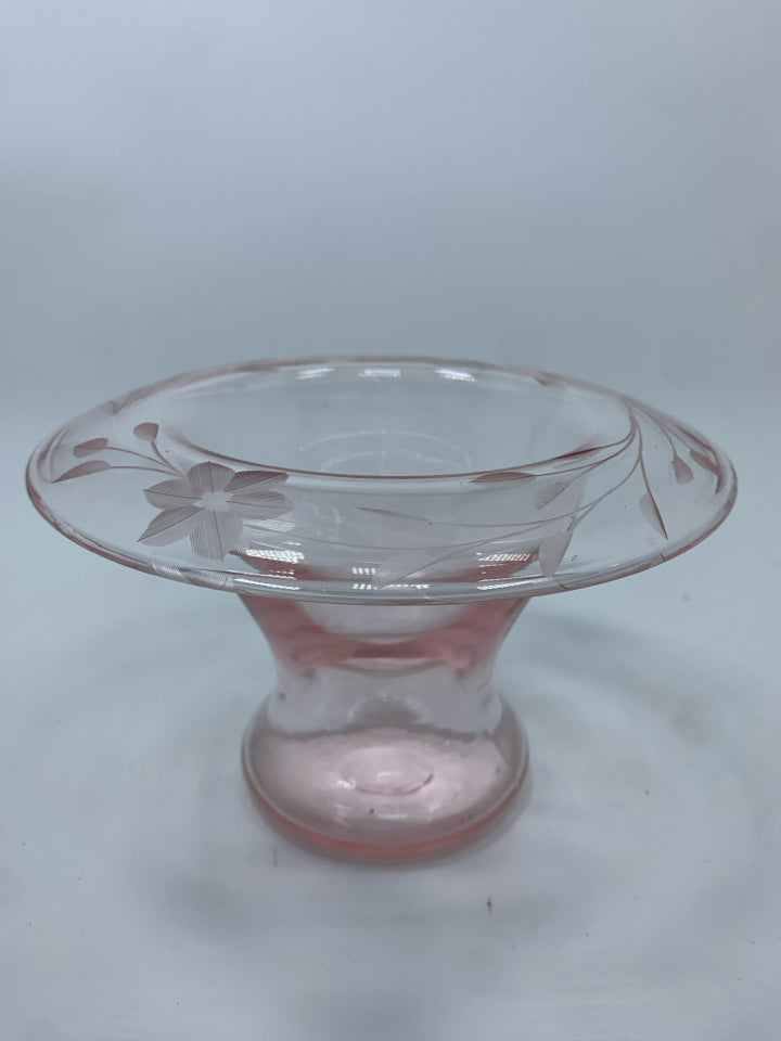VTG PINK DEPRESSION GLASS COMPOTE W/ROLLED EDGE.