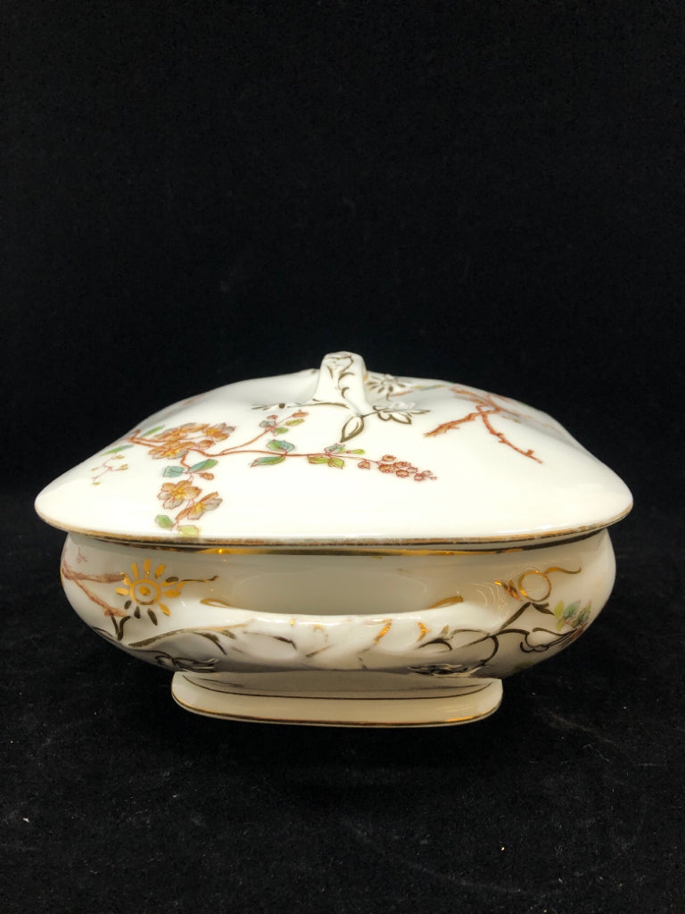 VTG LIMOGES COVERED DISH W/HANDLES- T&V MARGUERITE BROWN BLOSSOM.