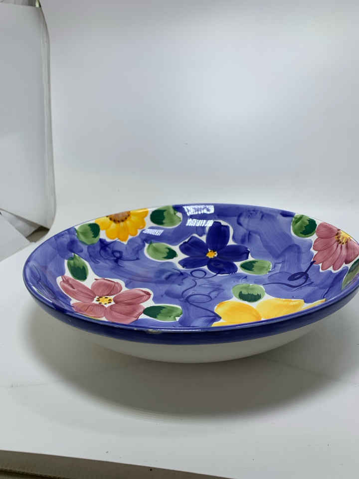 LARGE PASTA BOWL W/ RED BLUE & YELLOW FLOWERS.