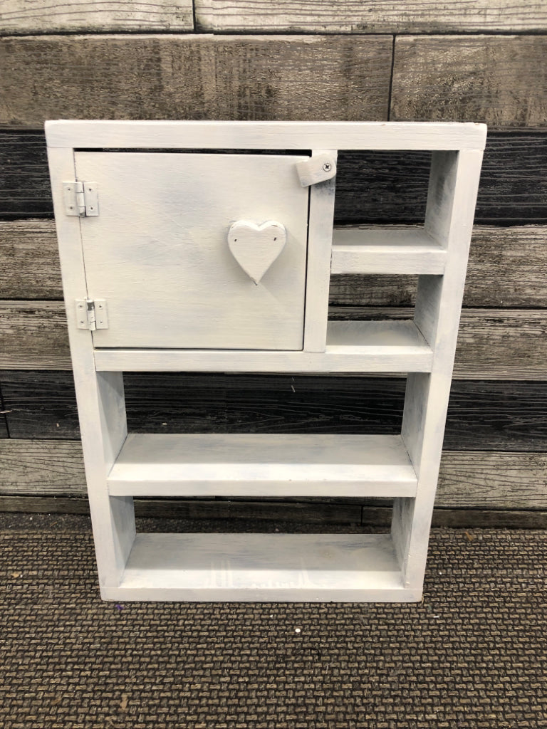 WHITE WASH WOOD SHELF W/HEART DOOR.