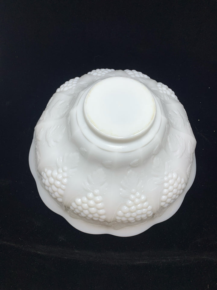 VTG RUFFLED EDGE MILK GLASS PUNCH BOWL W/EMBOSSED GRAPES.
