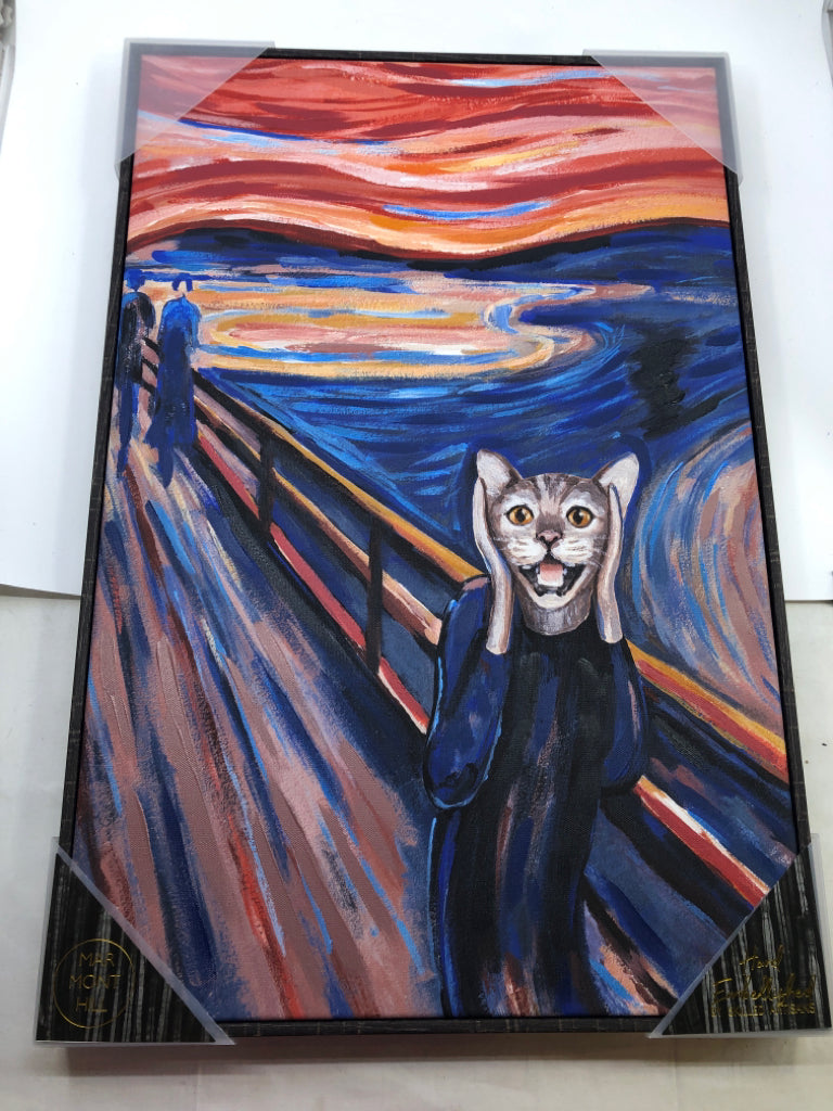 NIP ABSTRACT CAT/MAN COVERING EARS SCREAMING ON BRIDGE FRAMED CANVAS.