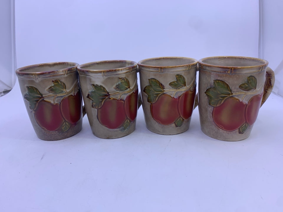 4 TAN CERAMIC EMBOSSED APPLES MUGS.