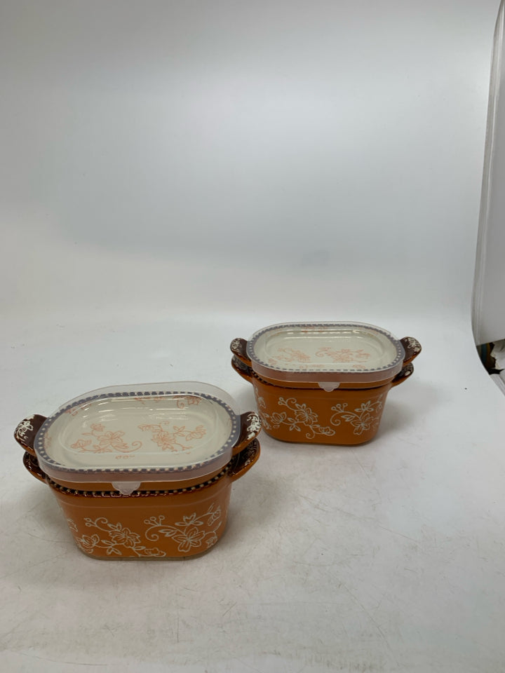6 PC SVC 2 FLORAL LACE RAMEKIN OVAL BAKERS W/ CERAMIC LIDS/PLASTIC LIDS.