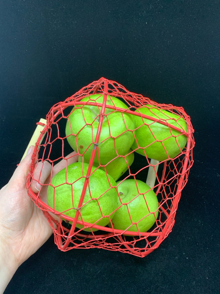 RED WIRE BASKET W/6 FAUX APPLES FILLER.